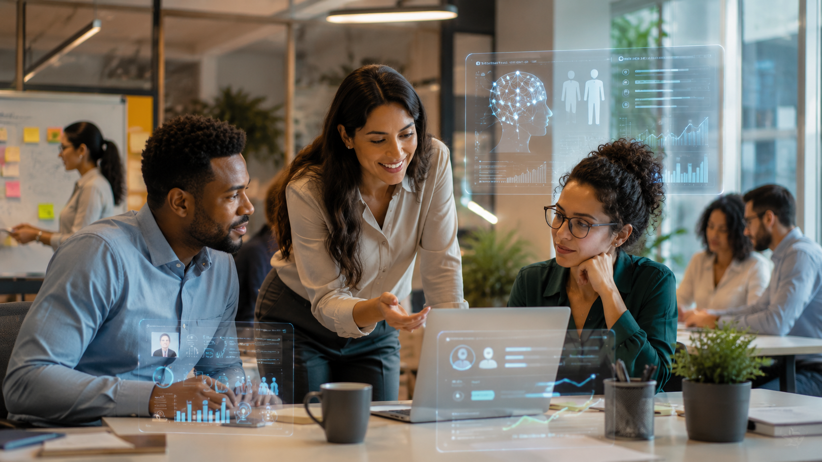 Equipe analisando dados, indicadores e processos de recursos humanos com apoio de tecnologia.